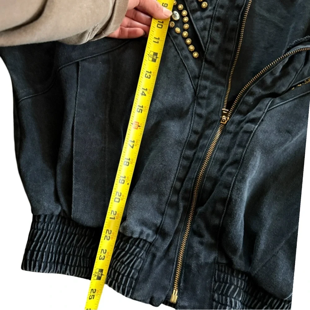 Vintage Boy Blue Studded Black Denim Bomber Jacket Zip Front Statement Coat‎
